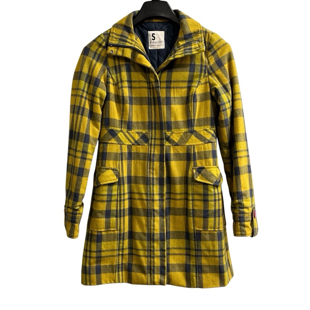 Vintage Xhilaration Y2K Coat S Yellow‎ Blue Plaid Wool Blend Preppy Academia